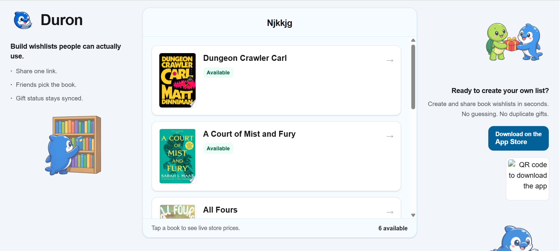 Shared gift list webpage screenshot
